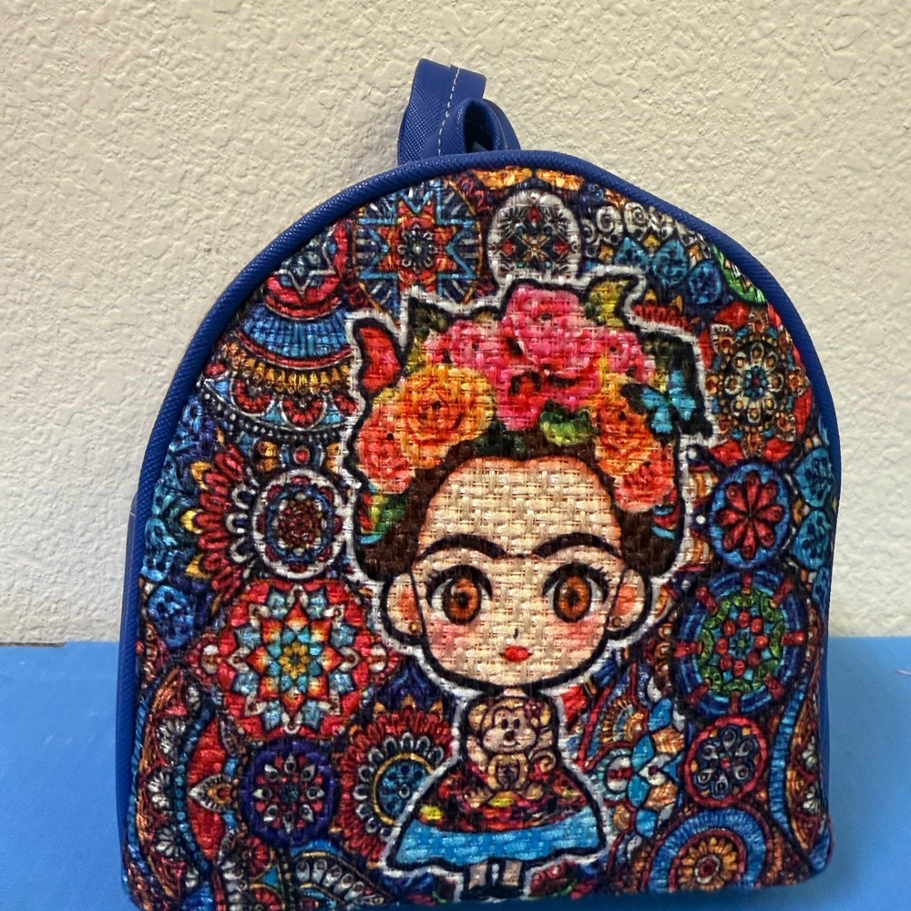 Kids Colorful Floral Frida Kahlo Mini Backpack - Blue Multicolor